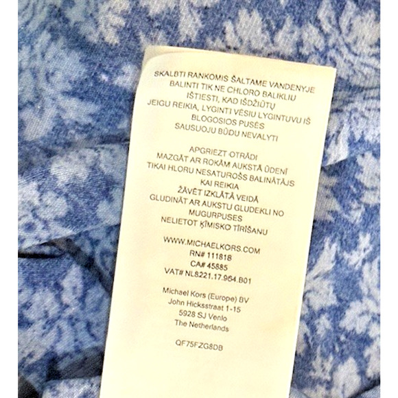 Michael Kors Blue & Gold Zipper Mock Neck Keyhole Flowered Shirt Womens Sz Large - Picture 10 of 11